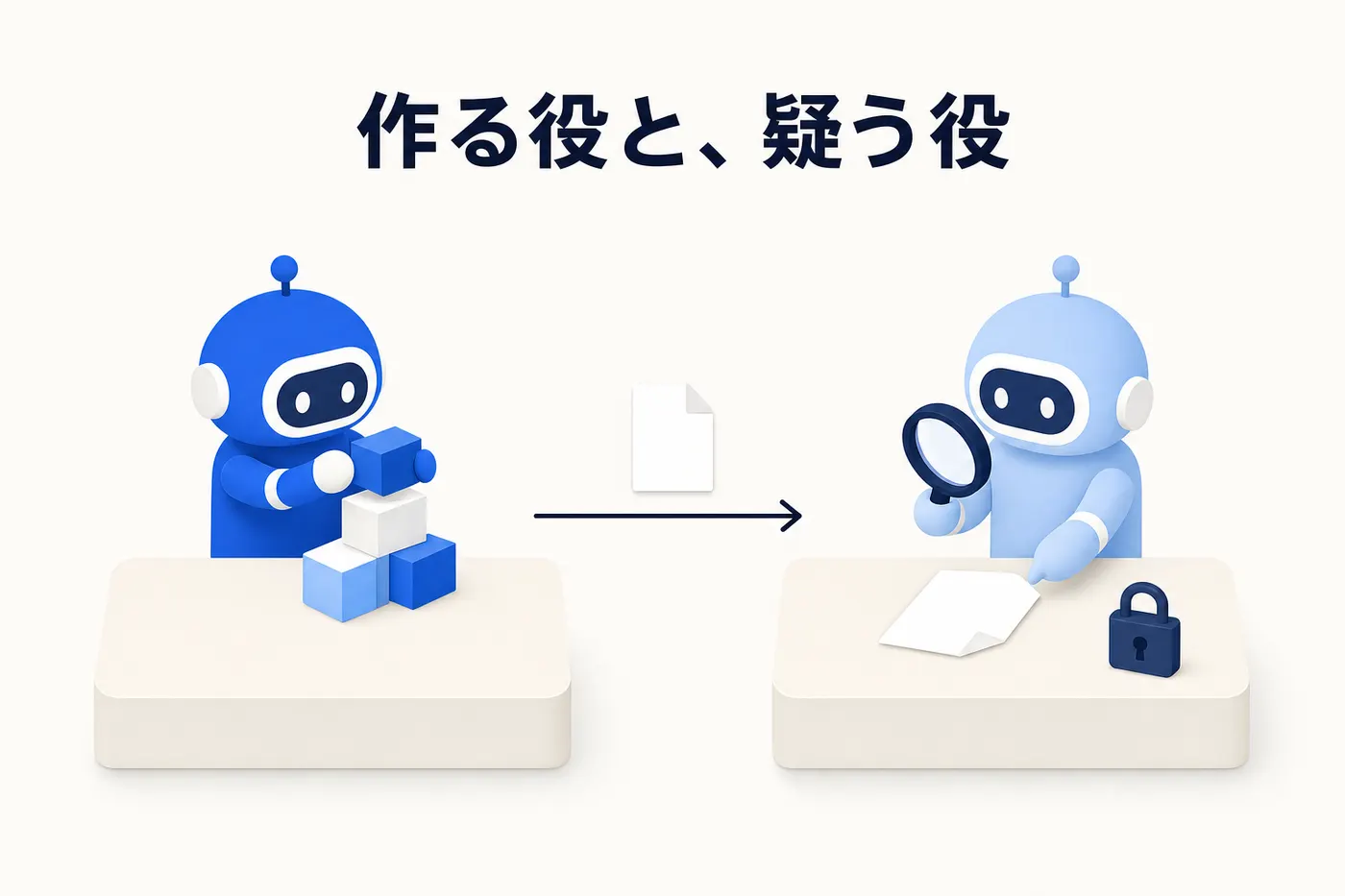 2つの机が離れて置かれ、片方では作業が組み立てられ、もう片方では読み取り専用の姿勢で成果物が点検されている様子のイメージ(画像内テキスト: 作る役と、疑う役)