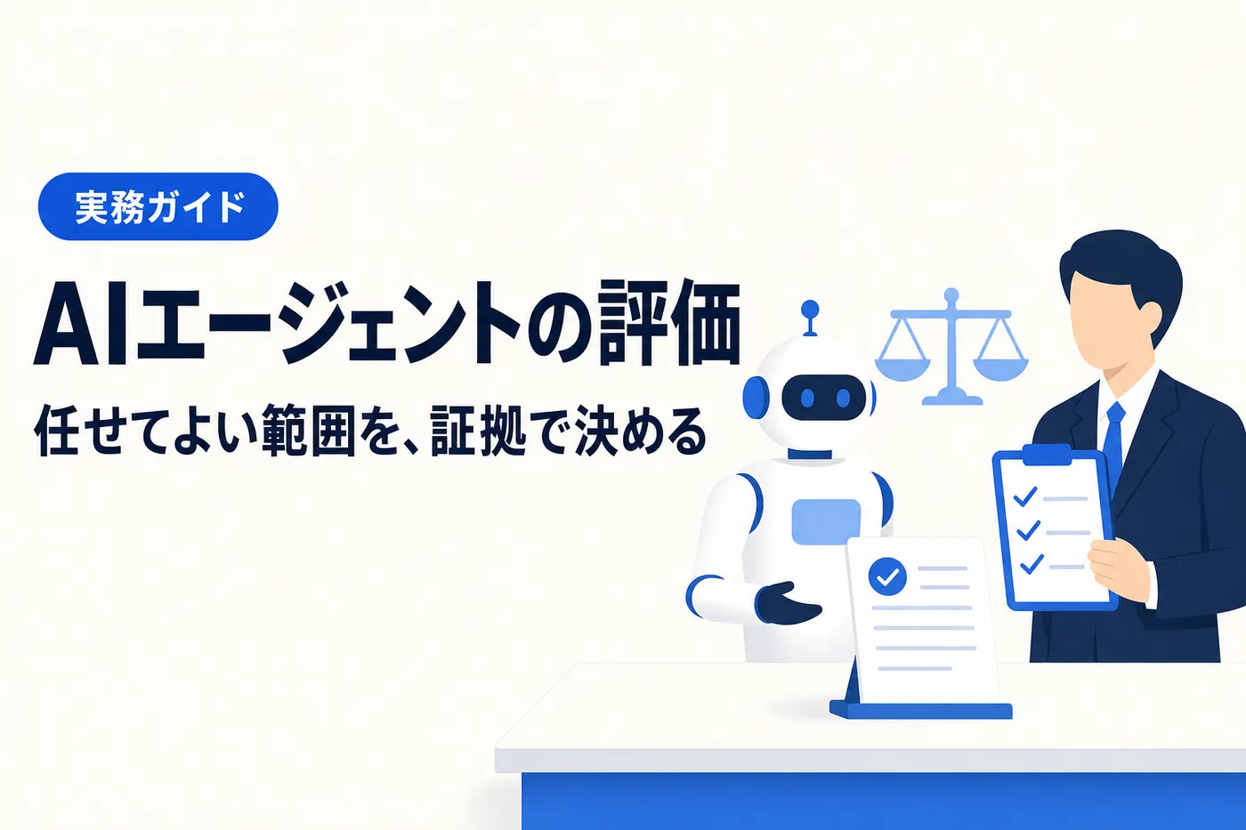 AIエージェントの評価の解説記事のアイキャッチ。仕上げた書類を持つロボットと、3つのチェックが入ったクリップボードを持つ人、間に天秤のアイコン(画像内テキスト: AIエージェントの評価 / 任せてよい範囲を、証拠で決める / 実務ガイド)