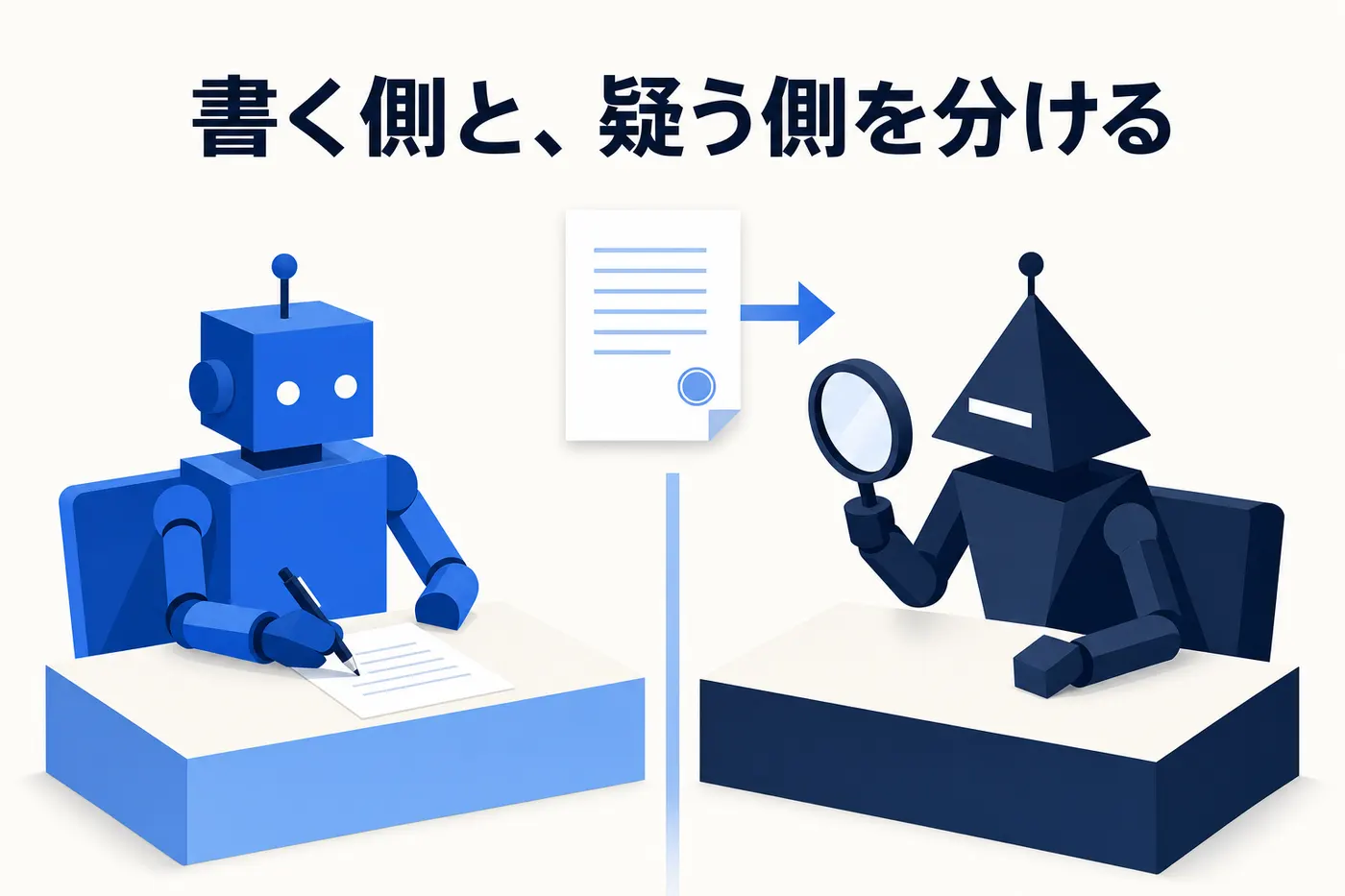 仕切りで分けられた2つの机。左で青いロボットが書類を書き、右で紺色の別のロボットが虫眼鏡で同じ書類を見ている。間を1枚の書類が判の印つきで渡るイメージ(画像内テキスト: 書く側と、疑う側を分ける)