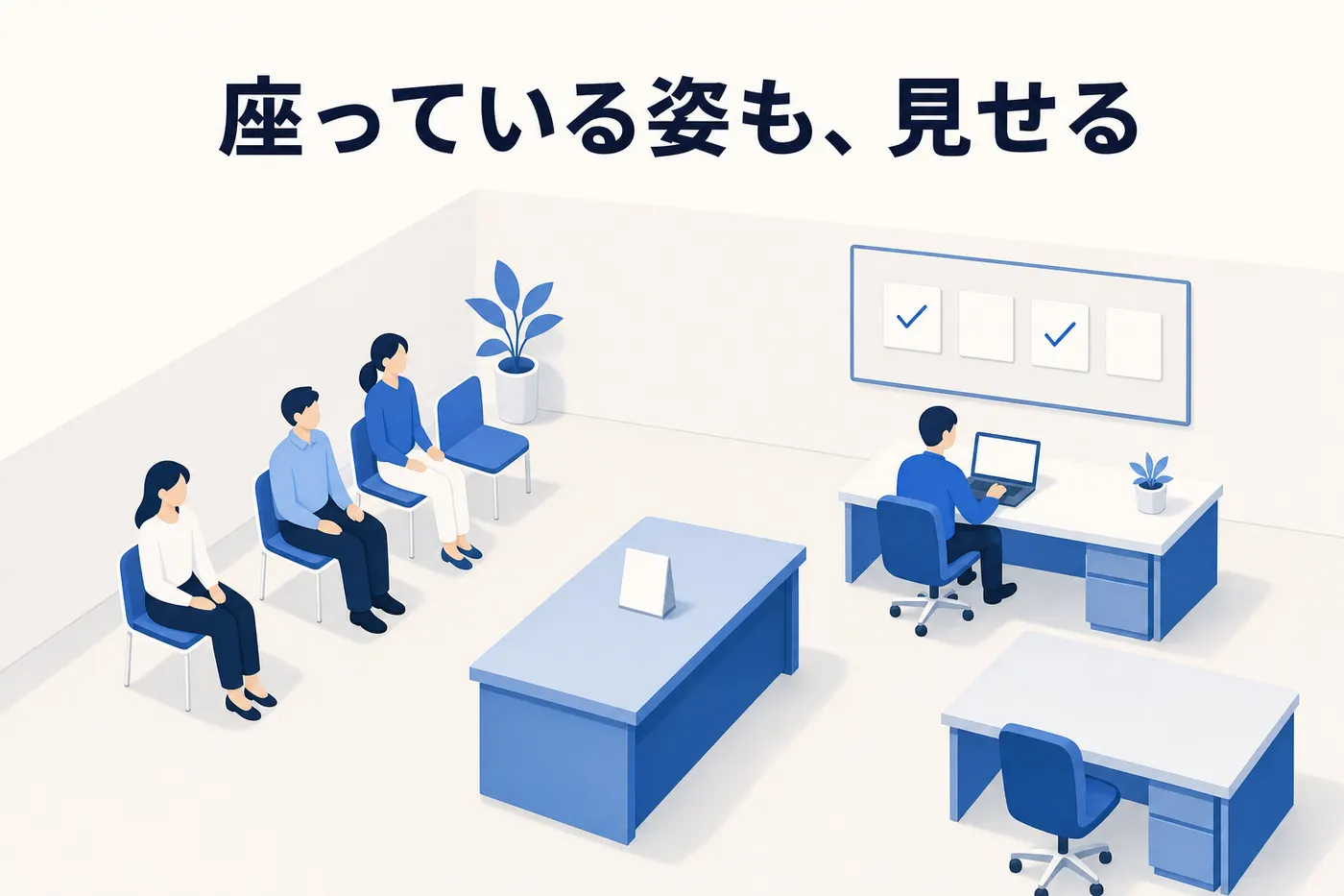 小さなオフィスの見取り図。左に休憩スペースの椅子が並んで三人が座り、右の作業席で一人が働き、壁の板に四枚のカードのうち二枚にチェックが付き、中央の机に白紙の札が立っているイメージ(画像内テキスト: 座っている姿も、見せる)