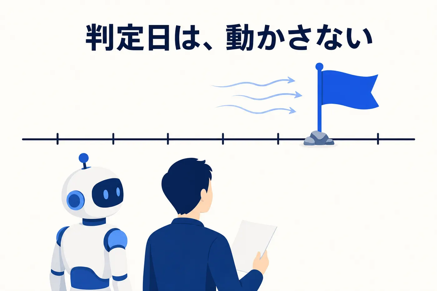 時間軸の上に石で固定された旗が立ち、左から風が吹いても倒れない。ロボットと紙を持った人が並んで旗を見ているイメージ(画像内テキスト: 判定日は、動かさない)