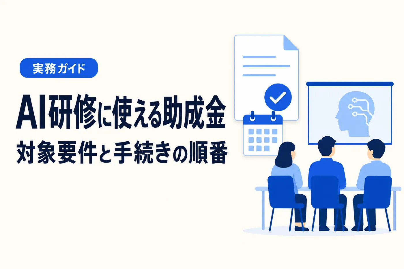 AI研修に使える助成金の対象要件と手続きの順番を解説する記事のアイキャッチ(画像内テキスト: AI研修に使える助成金 / 対象要件と手続きの順番 / 実務ガイド)