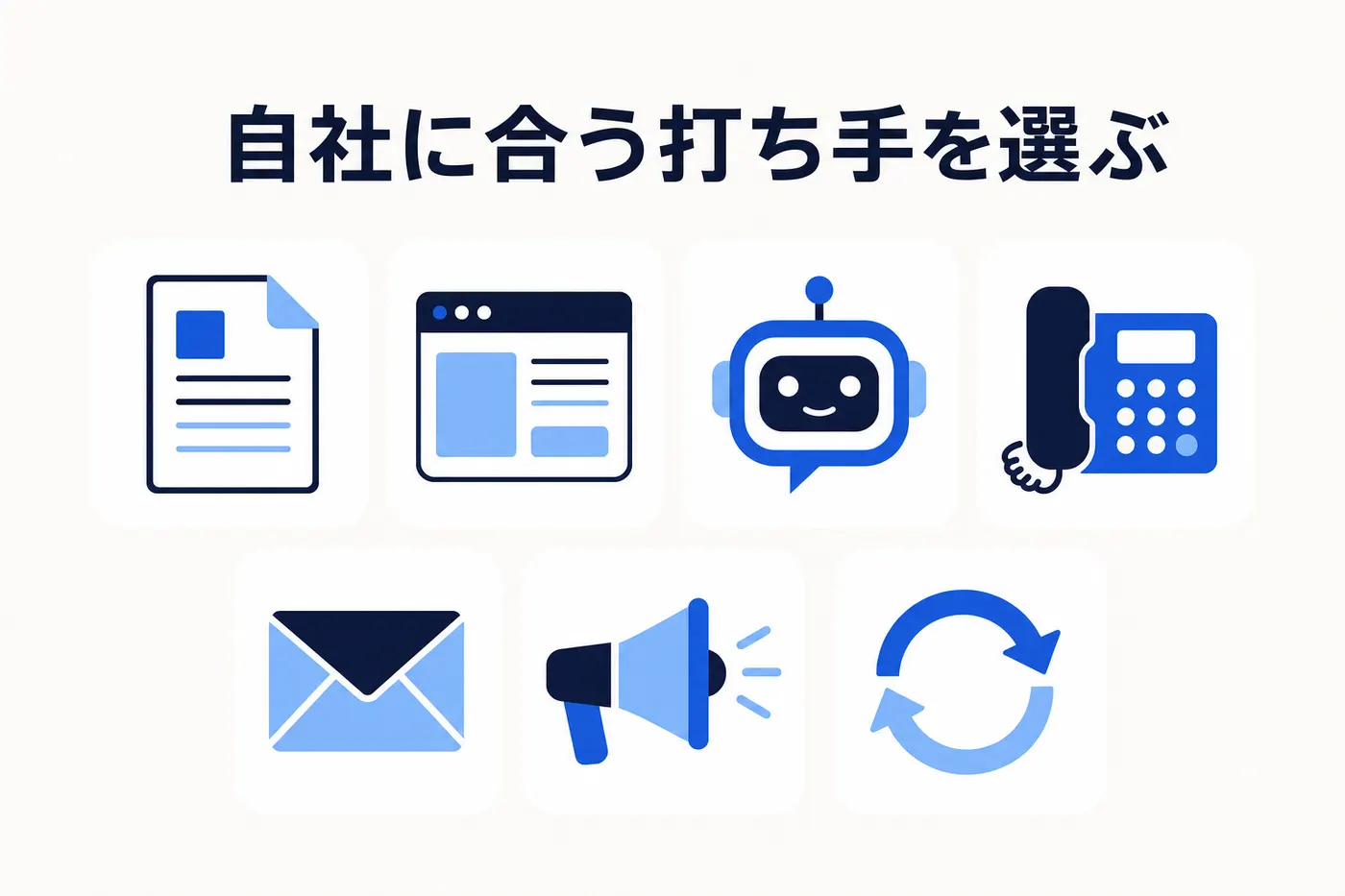 FAQ 改善・サイト導線・AI チャットボット・IVR・フォーム誘導・情報発信・ナレッジ運用の 7 つの方法を表すアイコン ── 自社に合う打ち手を選ぶ