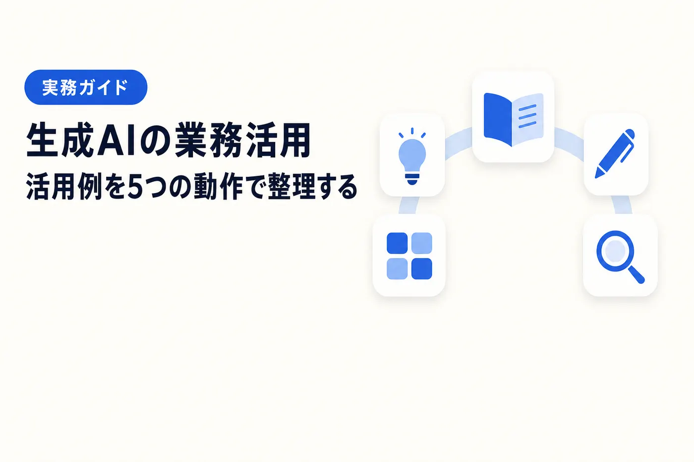 生成AIの業務活用のアイキャッチ(画像内テキスト: 生成AIの業務活用 / 活用例を5つの動作で整理する / 実務ガイド)