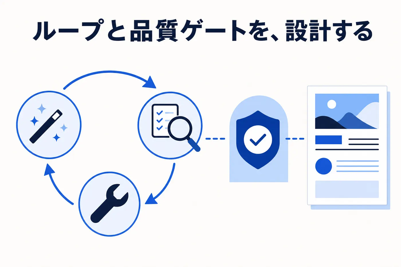 生成 → レビュー → 修正のループと品質ゲートを経て完成チラシに至るフロー図