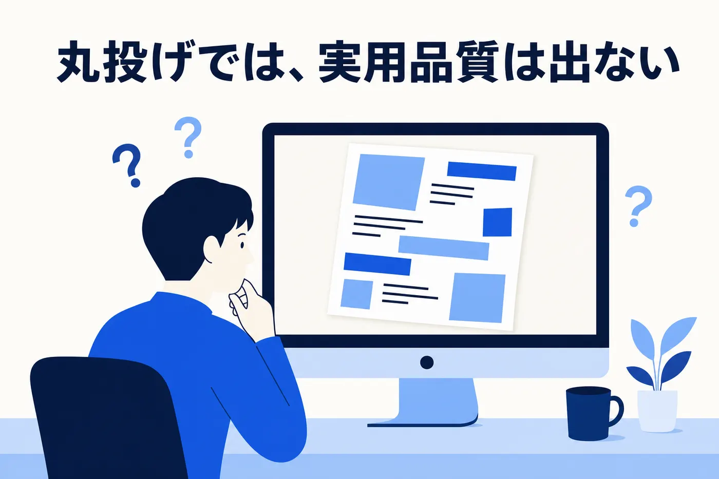 AI に丸投げして生成した崩れたチラシを前に困っている担当者のイメージ