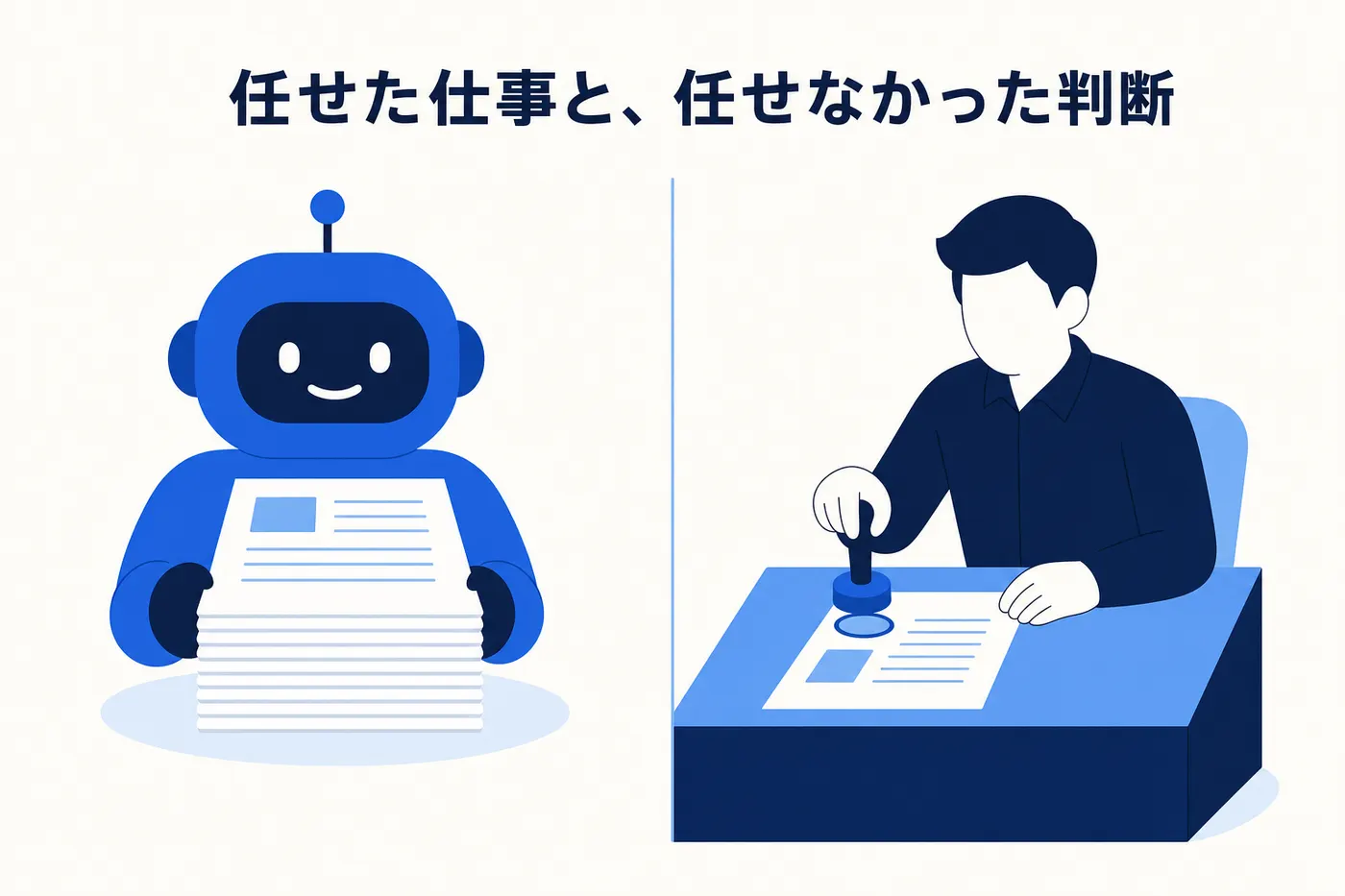 AIが下準備した書類の束を持ち、人が承認印を押す判断を担う分担のイメージ(画像内テキスト: 任せた仕事と、任せなかった判断)