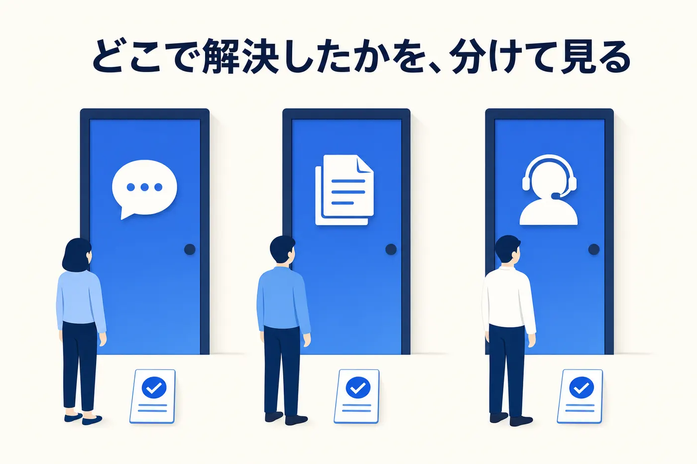 3つの扉が横に並び、左はチャット吹き出し、中央は書類の束、右はヘッドセットを着けた人。それぞれの前で小さな人が立ち止まり、足元に印の付いた記録用紙があるイメージ(画像内テキスト: どこで解決したかを、分けて見る)