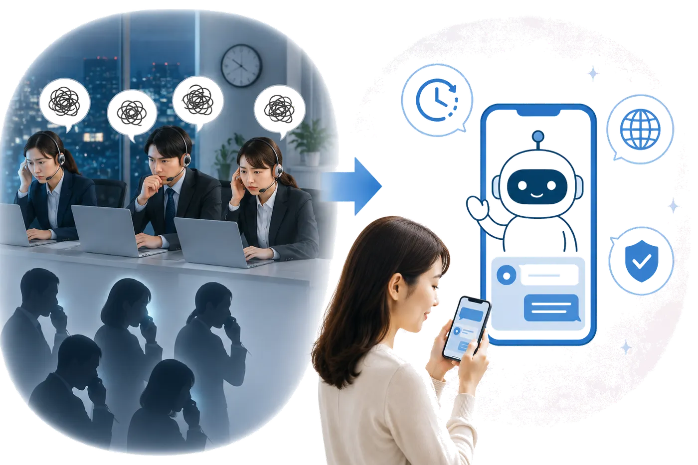 AIチャットボットがコールセンターの問い合わせを解決するイメージ