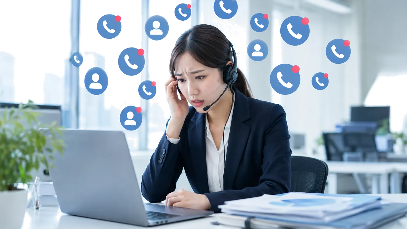 大量の電話問い合わせに追われるコールセンターのオペレーター